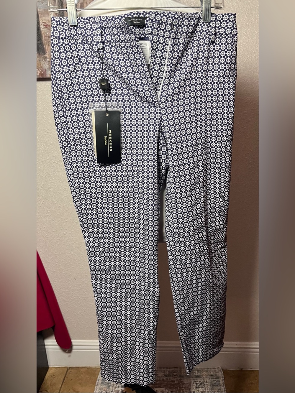 MaxMara Navy and White Geometric Print women’s Trousers